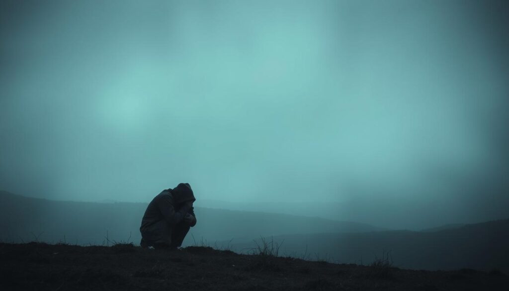 A melancholic landscape, blanketed in a somber gray hue. In the foreground, a lone figure sits hunched, their head bowed, enveloped in a veil of despair. The middle ground is shrouded in a mist of uncertainty, while the distant horizon fades into a murky, foreboding void. Soft, muted lighting casts a sense of gloom, highlighting the weight and heaviness of the moment. The composition evokes a profound sense of isolation, despondency, and the overwhelming struggle of the human experience with depression.